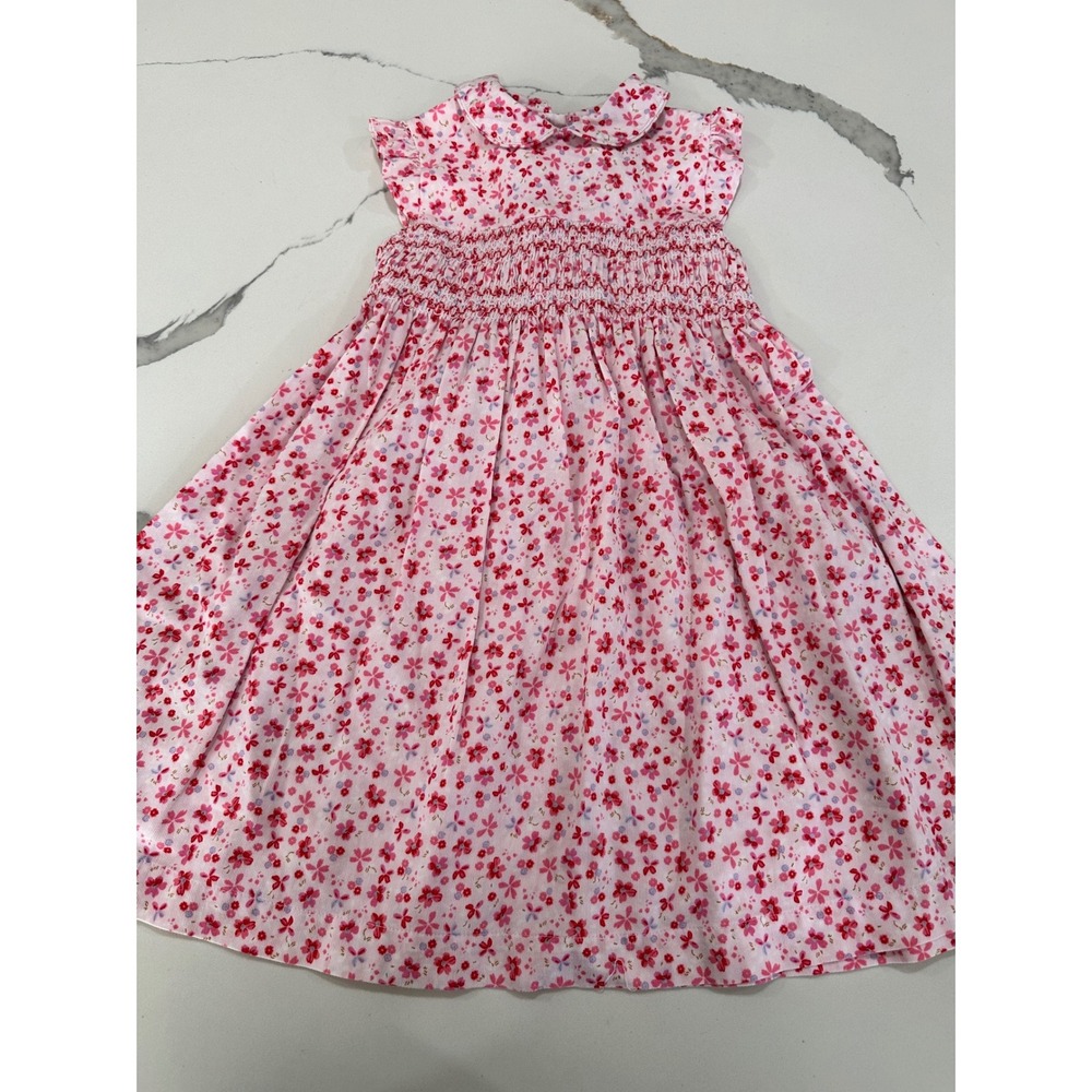 Laura Ashley Girls Pink Floral Smocked Corduroy Dress Peter Pan Collar Size 5
